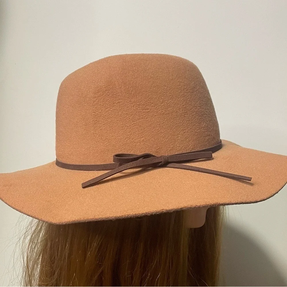 Womens Tan Felt Wide Brim Hat with Brown Ribbon Bow‎ One Size Fits Most